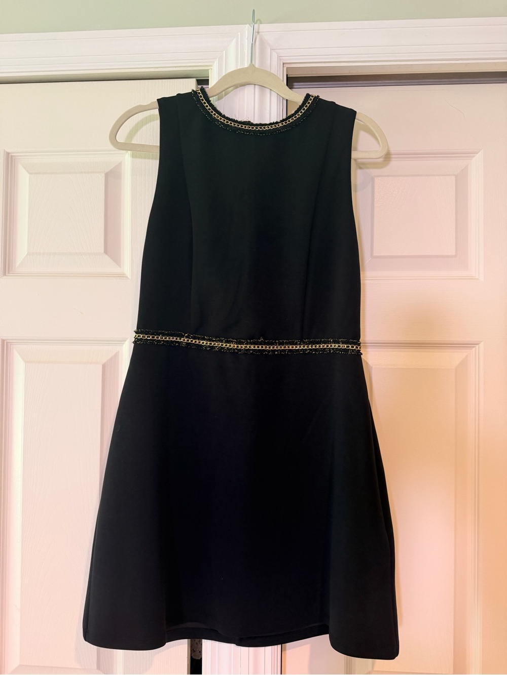 Adrianna Papell Black Sleeveless A-Line Dress with Gold Chain Trim